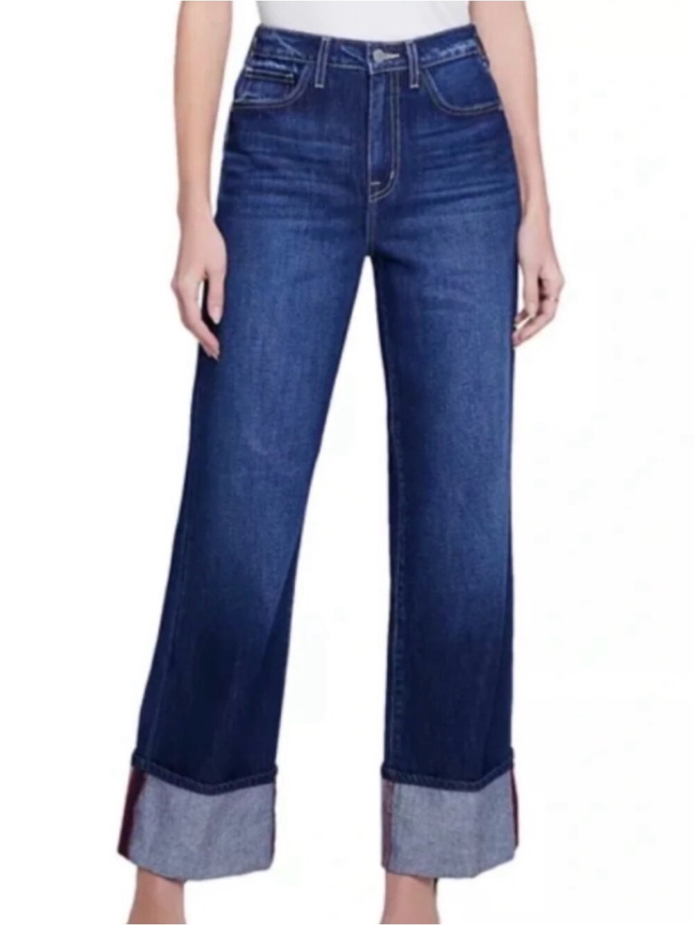 L'AGENCE High Rise Wide Leg Cuffed Jeans 29 Blue Dark Wash Cotton Denim MSR $315